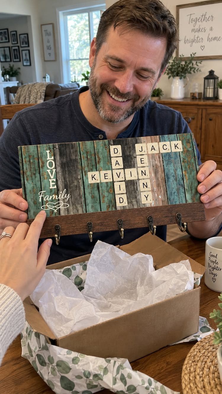 Man holding a personalized wooden key holder with a name puzzle and hooks.
