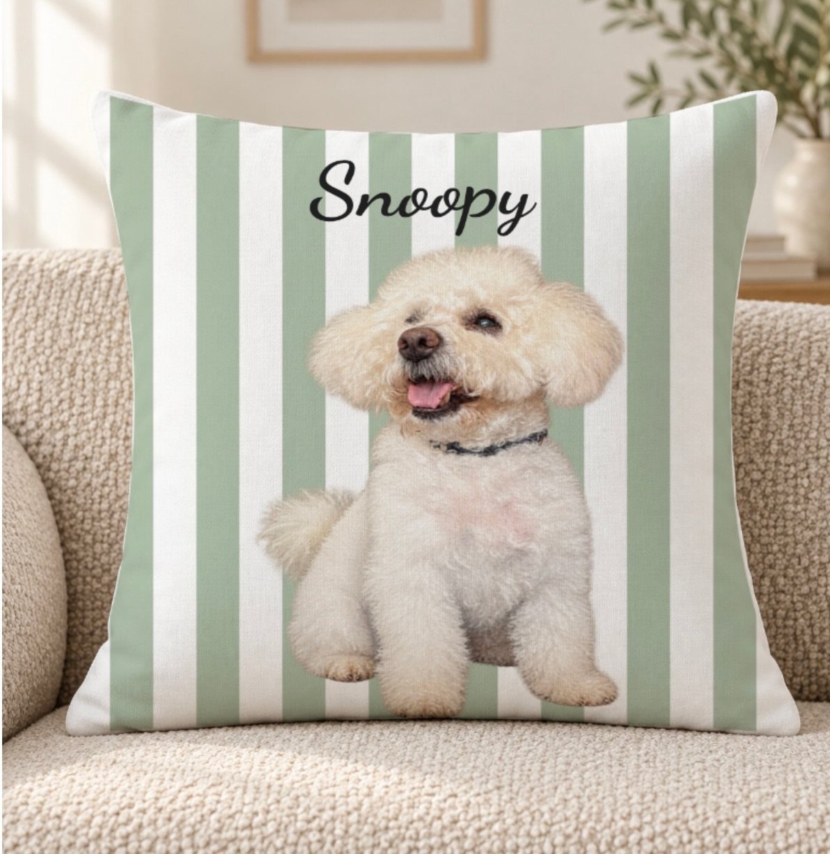 Striped throw pillow with a photo of a white poodle and name Snoopy.