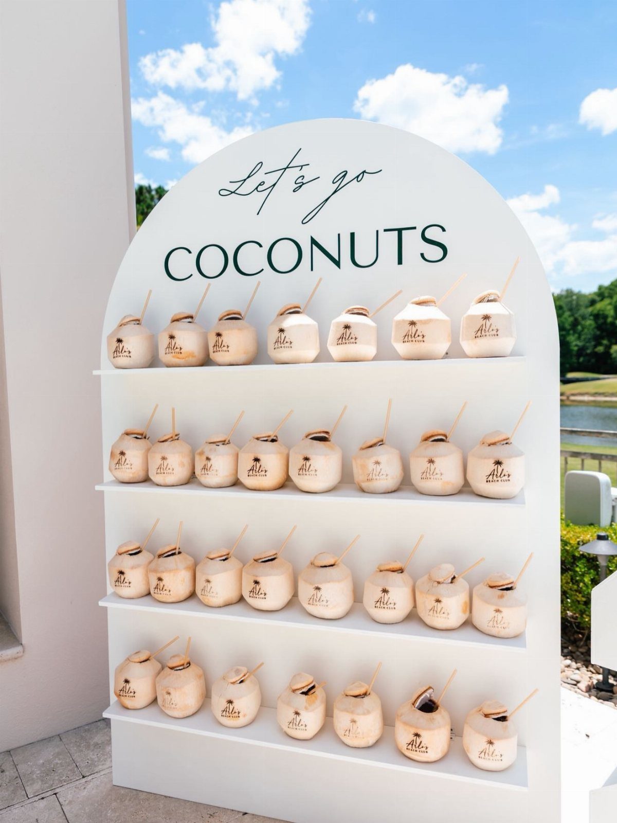White arched display stand holding rows of fresh coconuts with straws and text.