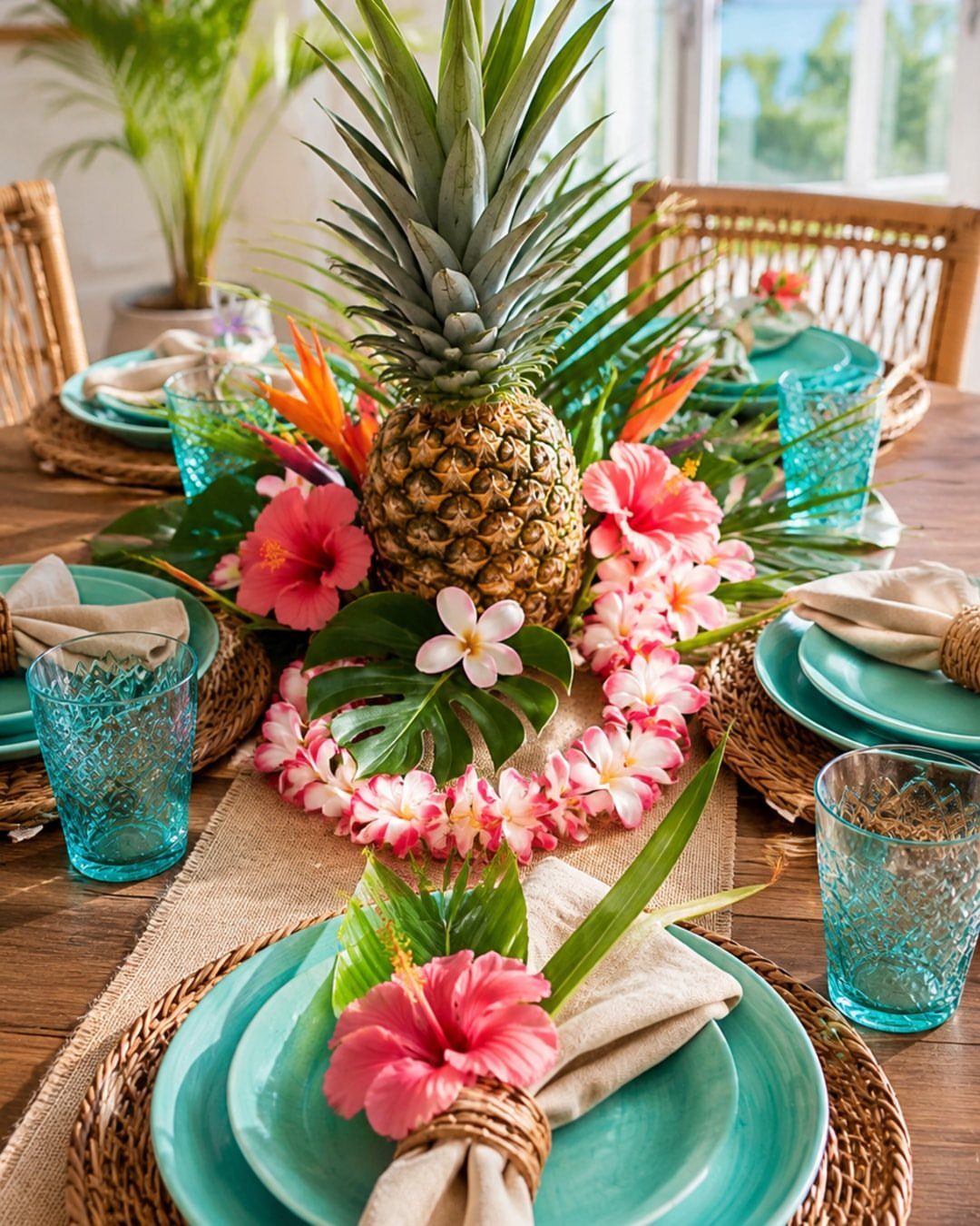 Tropical table setting with a pineapple, pink hibiscus flowers, and turquoise plates.