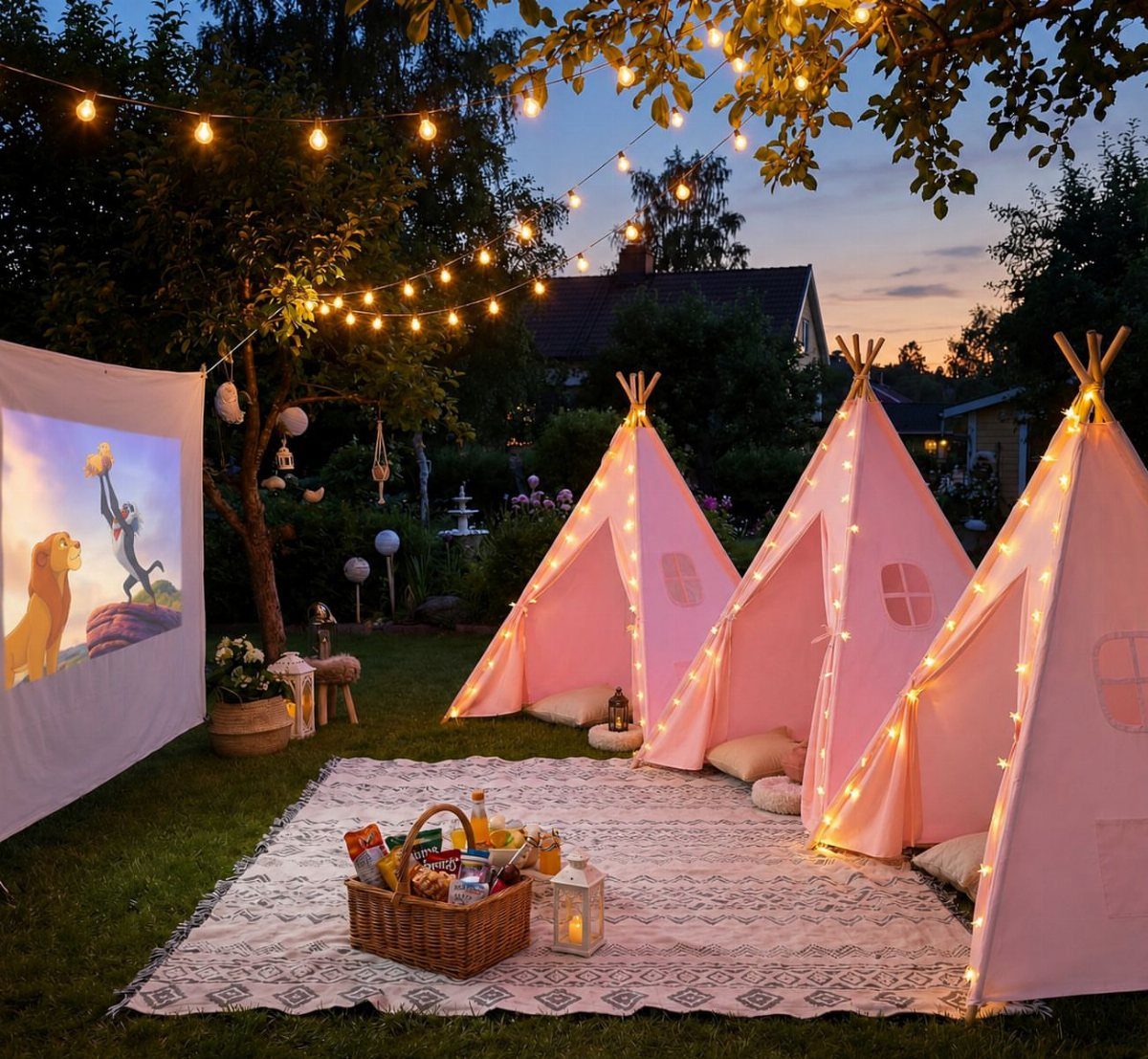 Outdoor movie night with a projector screen, pink teepees, and picnic snacks.