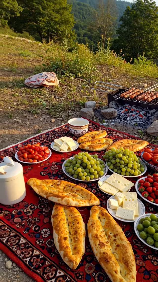 Outdoor picnic spread on a red rug with flatbread, grapes, and grilled meat.