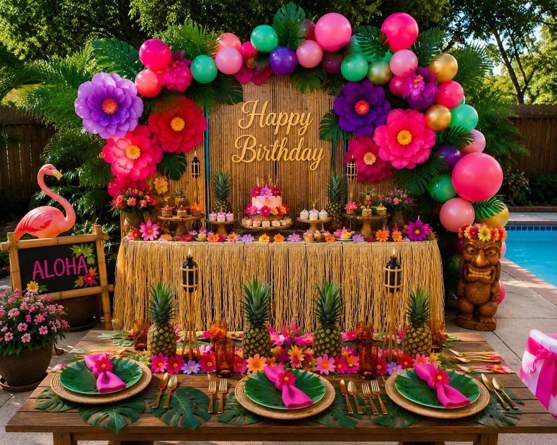 Tropical birthday party setup with grass table, pineapples, colorful balloons, and tiki statue.