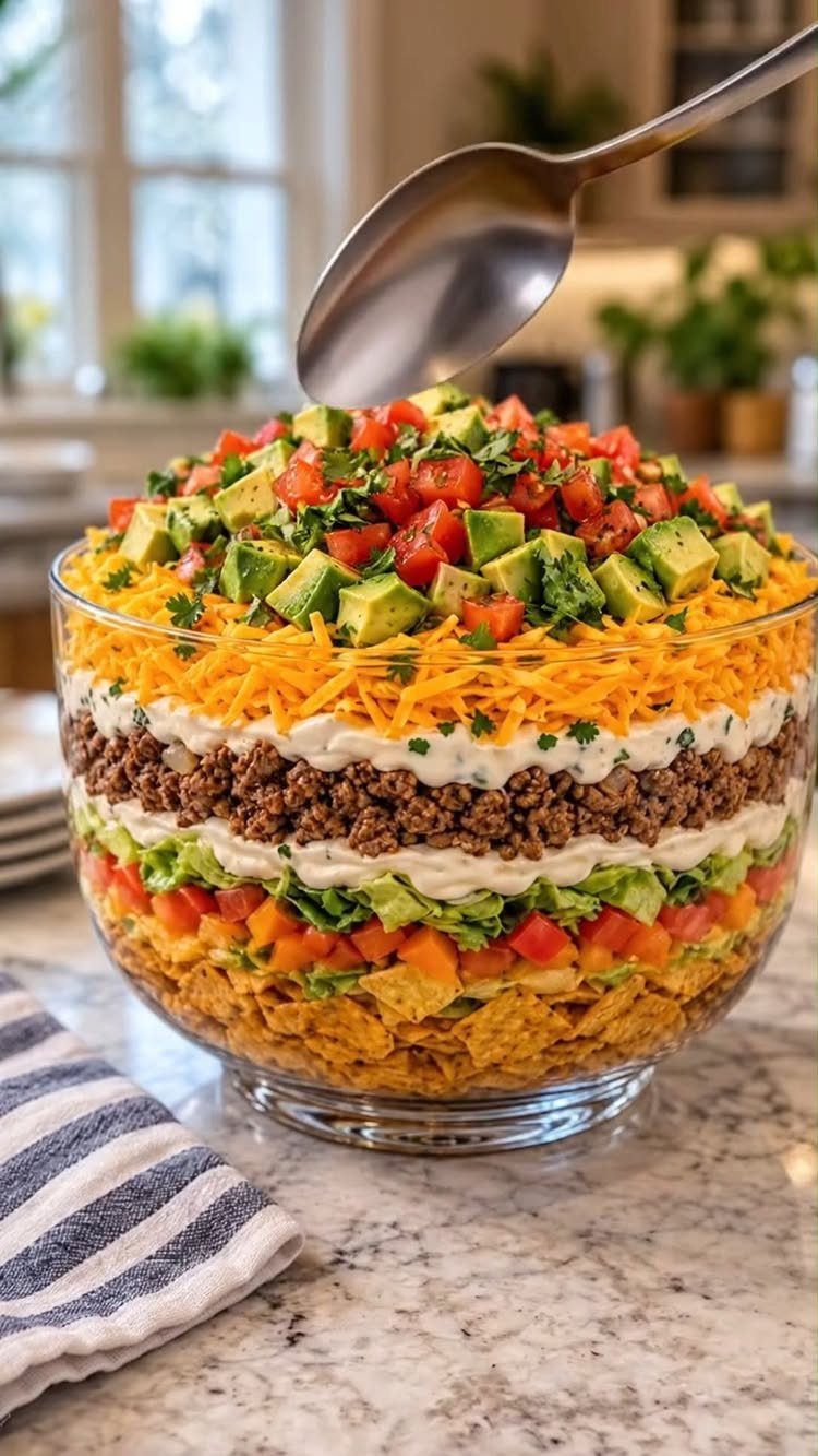 Layered taco salad in a glass bowl topped with fresh avocado and tomatoes.