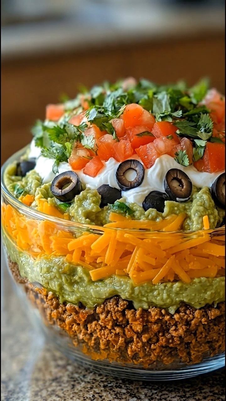 Layered taco dip in a glass bowl with meat, guacamole, cheese, and tomatoes.