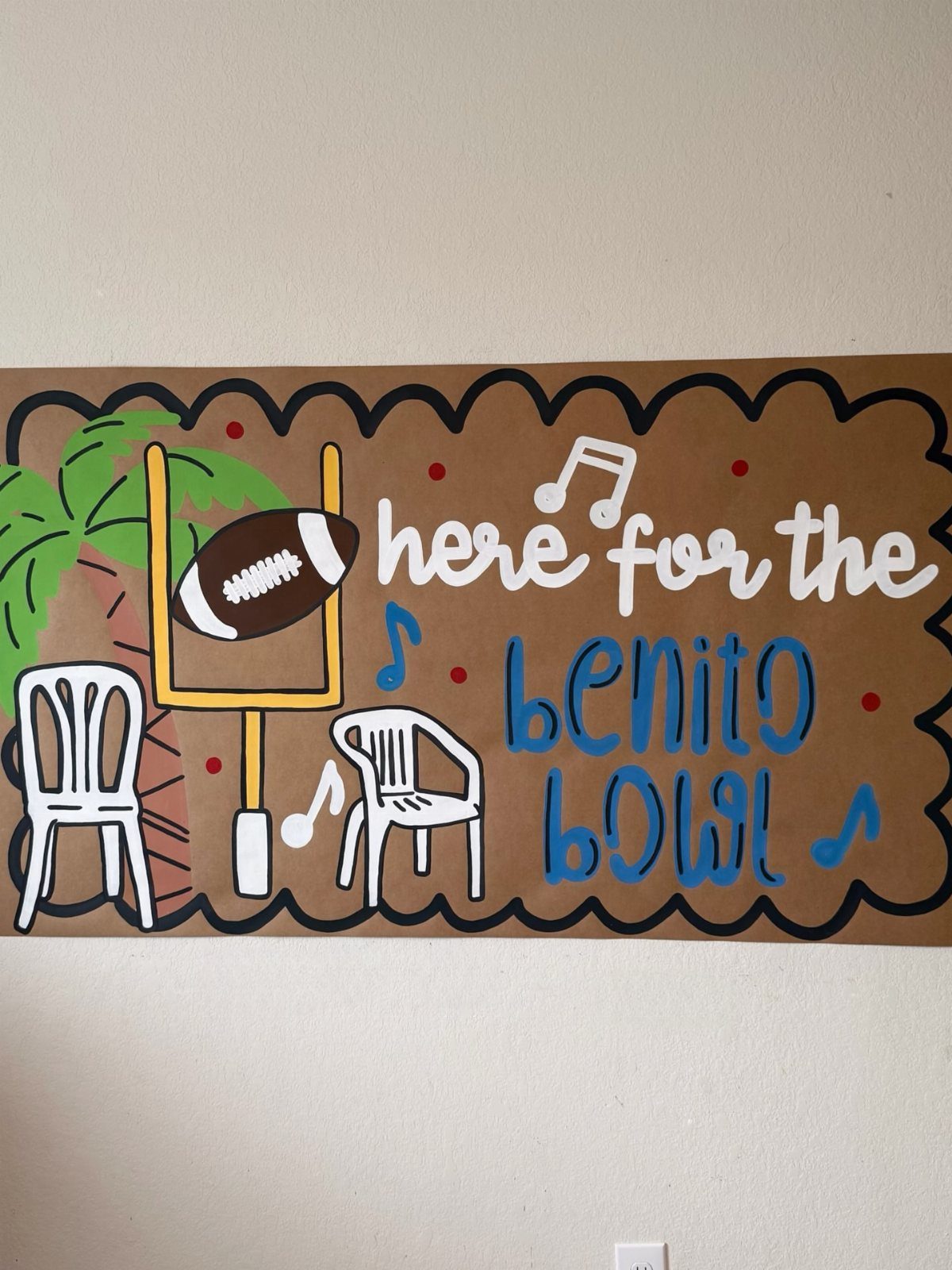 Brown party banner with football and goalpost illustrations and Benito Bowl text.