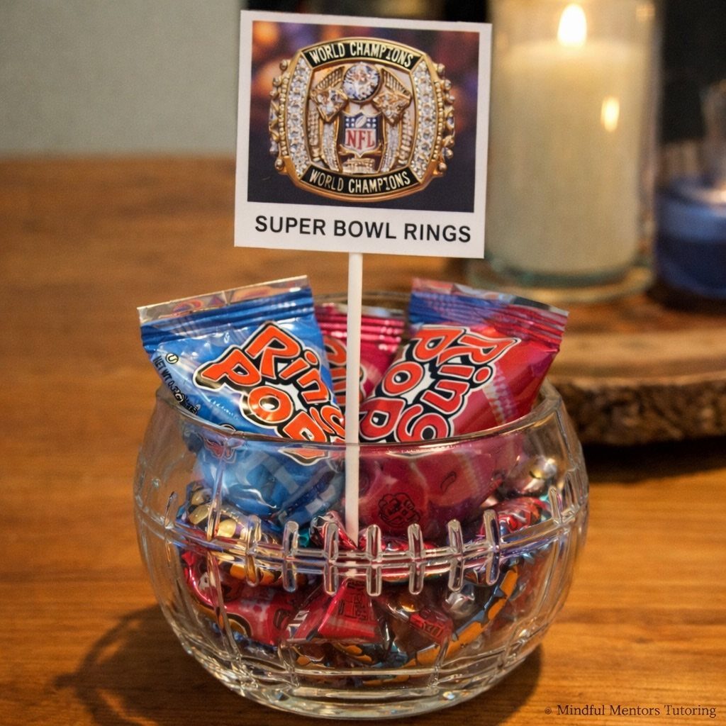 Glass bowl of Ring Pops with a Super Bowl rings sign on a table
