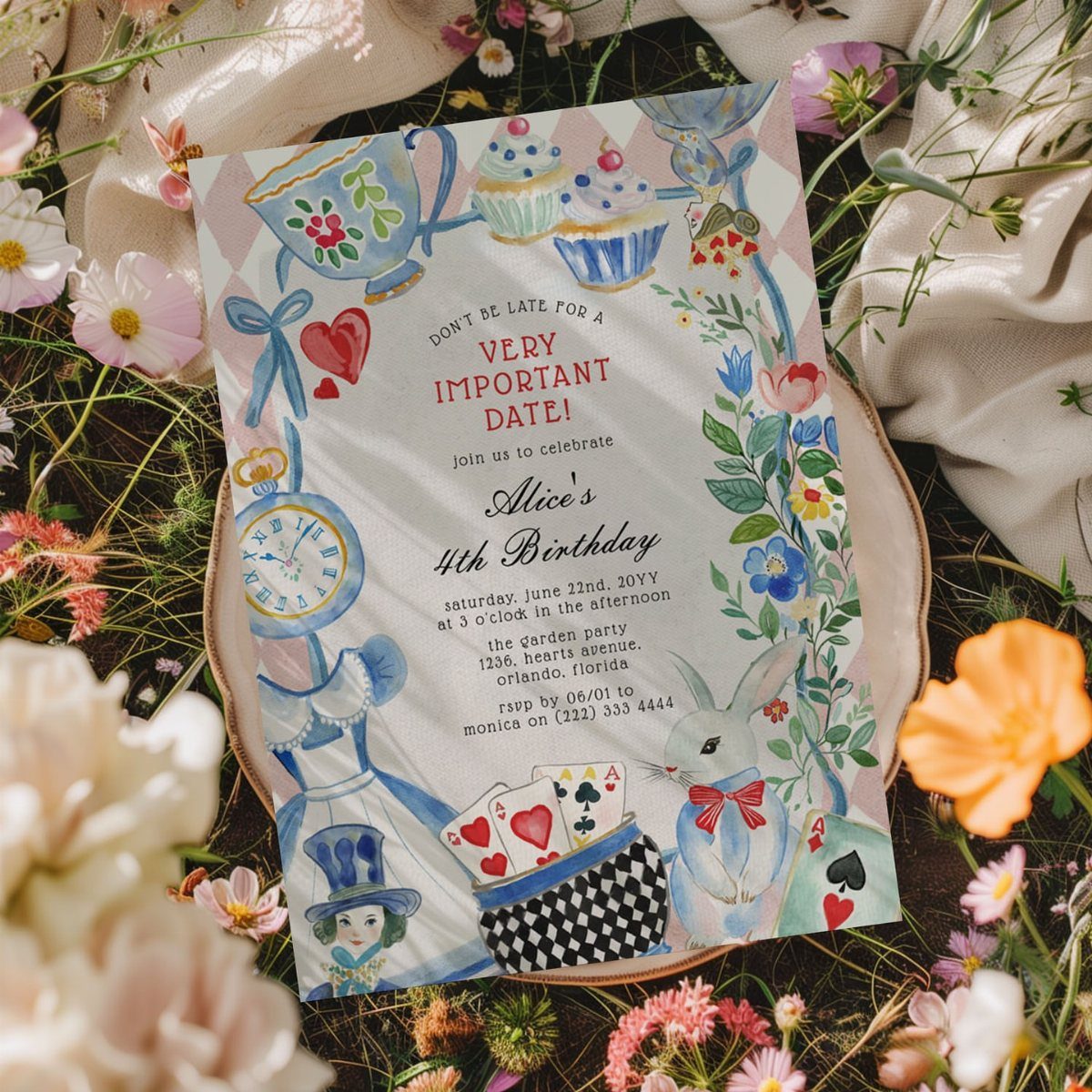 Alice in Wonderland themed birthday invitation surrounded by colorful spring flowers and greenery.