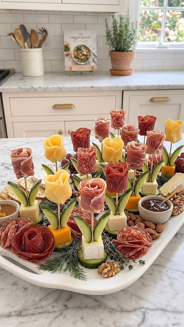 Charcuterie platter with salami and cheese rolled into flower shapes on a countertop