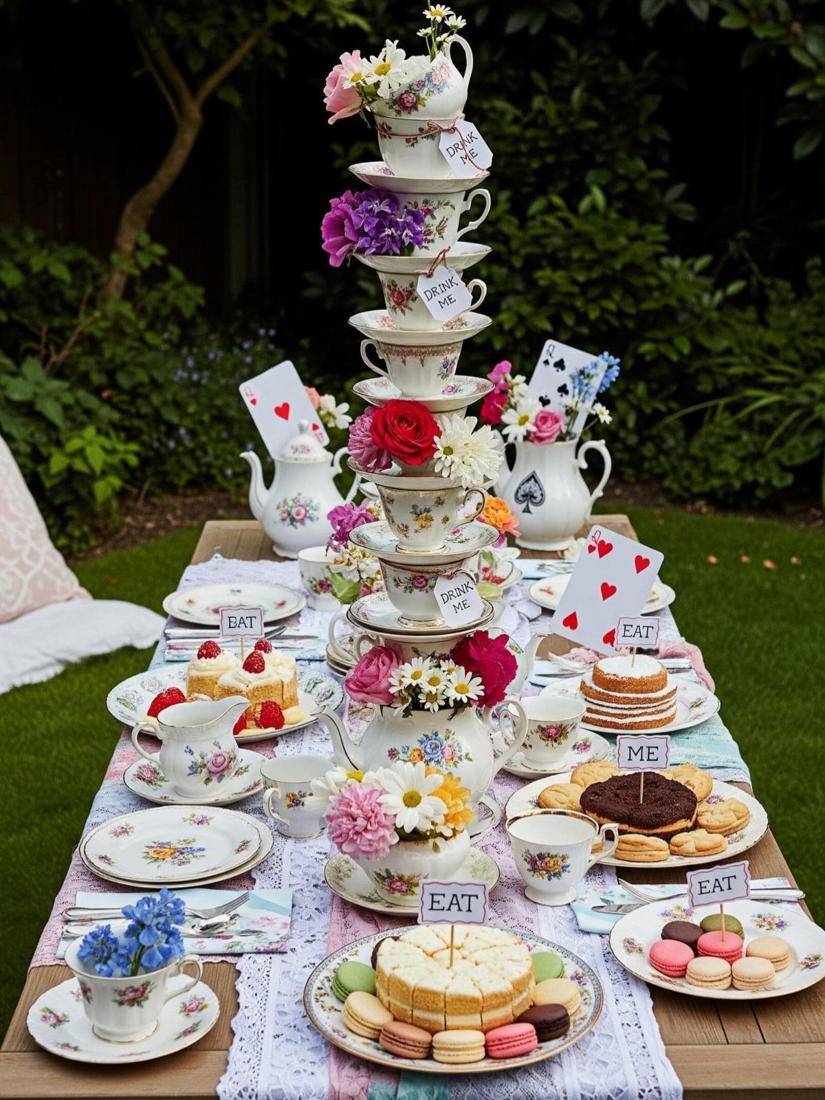 Mismatched teacups stacked high on a garden table with cakes and playing cards.