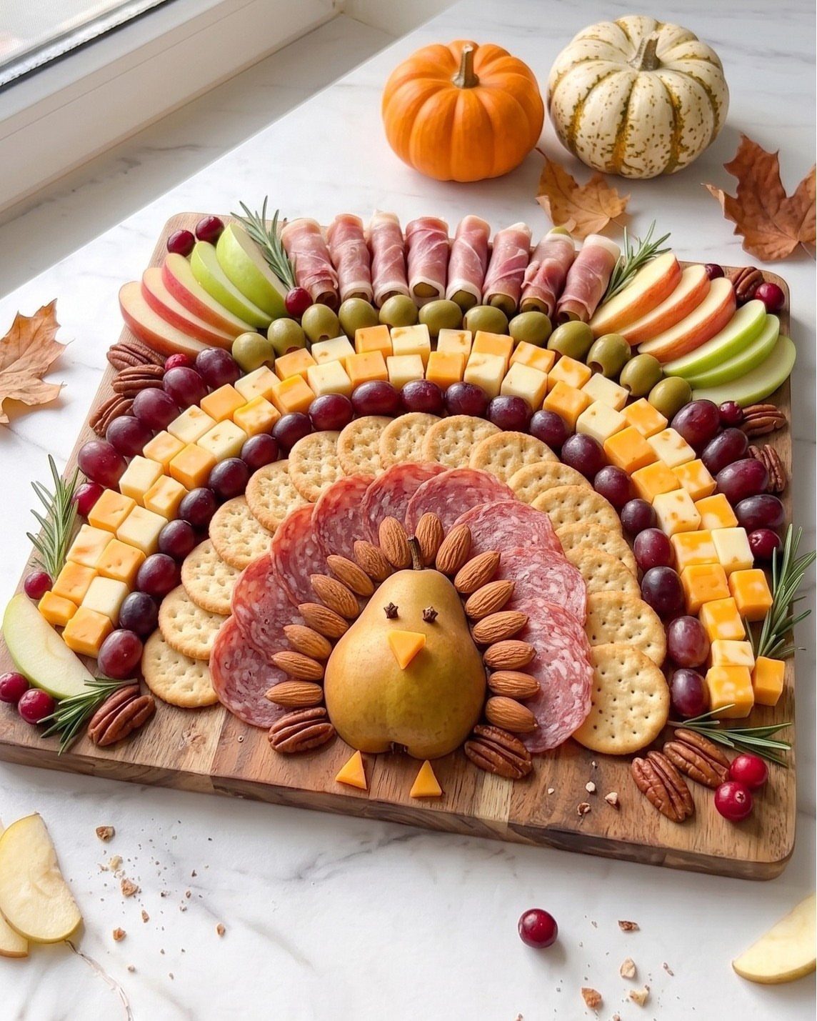 Turkey-shaped charcuterie board with meats, cheeses, and fruits on a marble surface.