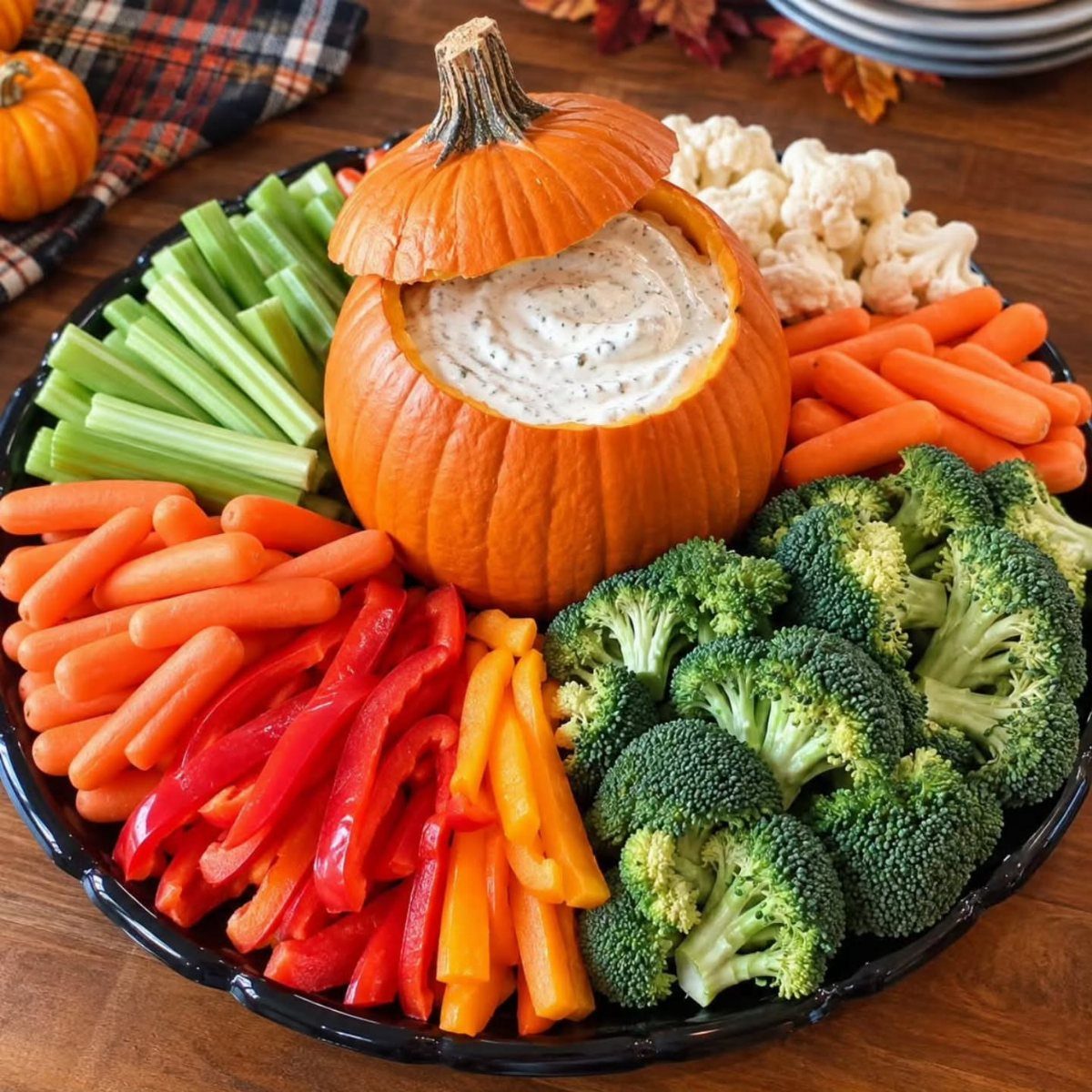 Hollowed pumpkin filled with dip surrounded by fresh raw vegetables on a platter.