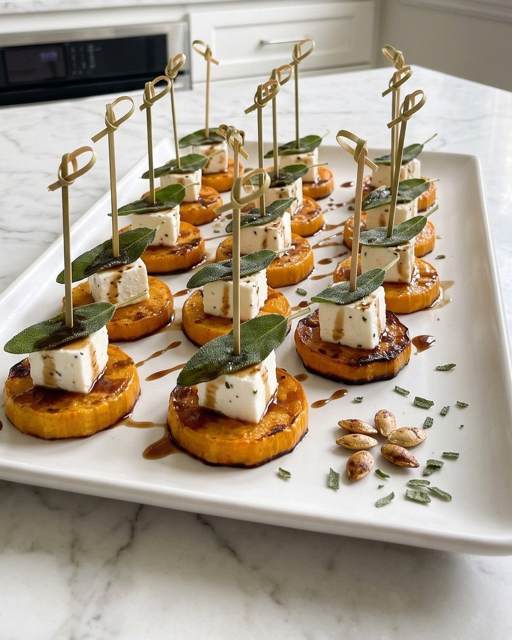 Roasted sweet potato rounds topped with white cheese and sage leaves on a platter.