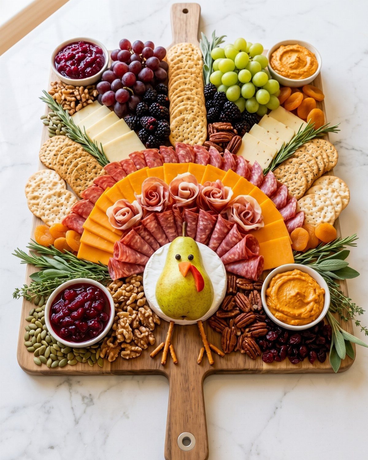 Charcuterie board arranged as a turkey with meats, cheeses, fruits, and nuts.