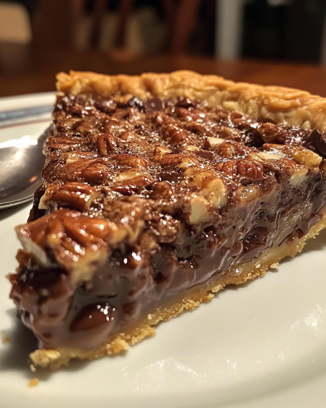 Slice of chocolate pecan pie with a golden crust on a white plate.