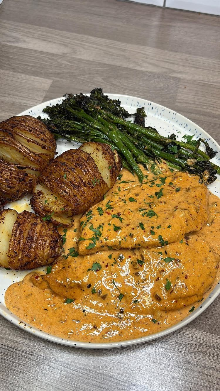 Roasted hasselback potatoes, asparagus, and chicken with creamy orange sauce on a plate.