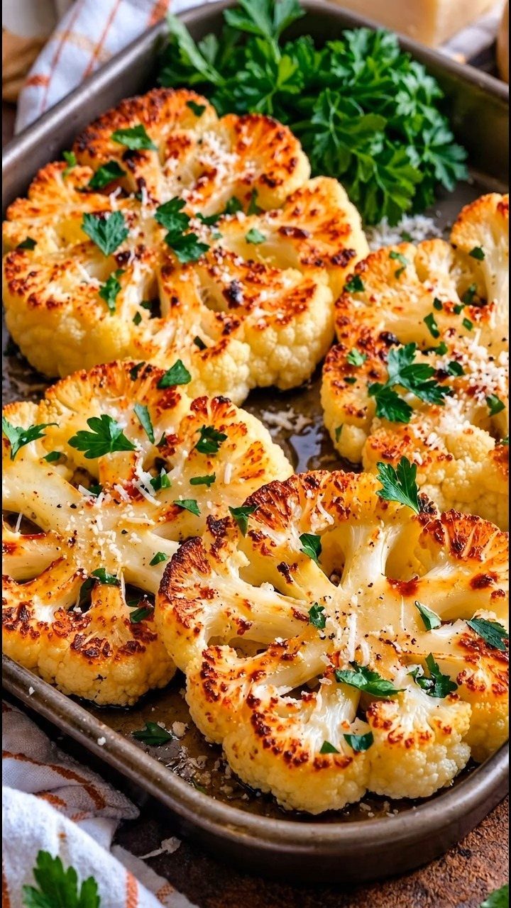 Roasted cauliflower steaks topped with parmesan cheese and parsley on a baking sheet