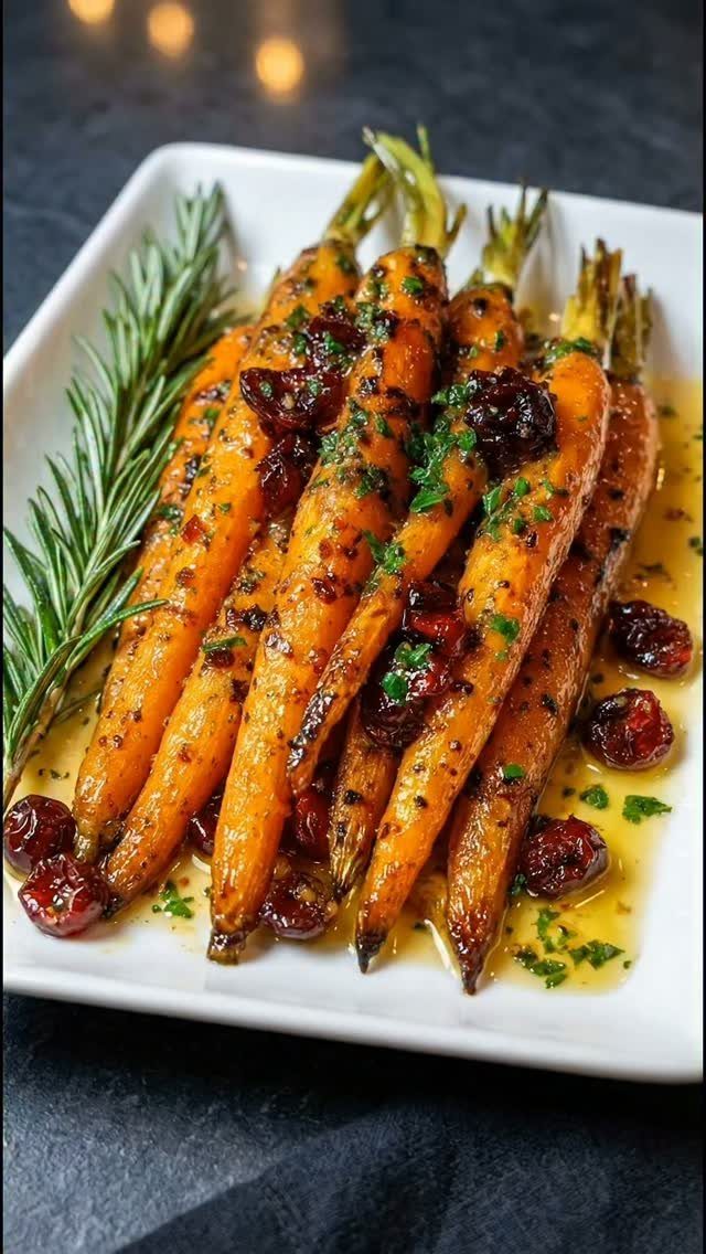 Roasted glazed carrots with dried cranberries and fresh herbs on a white platter.