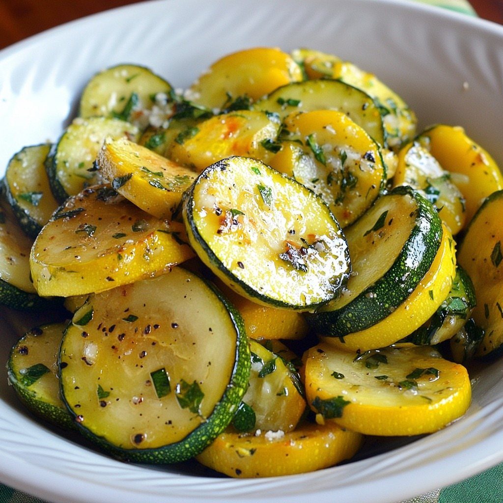 Sautéed green zucchini and yellow squash with herbs and parmesan in a white bowl