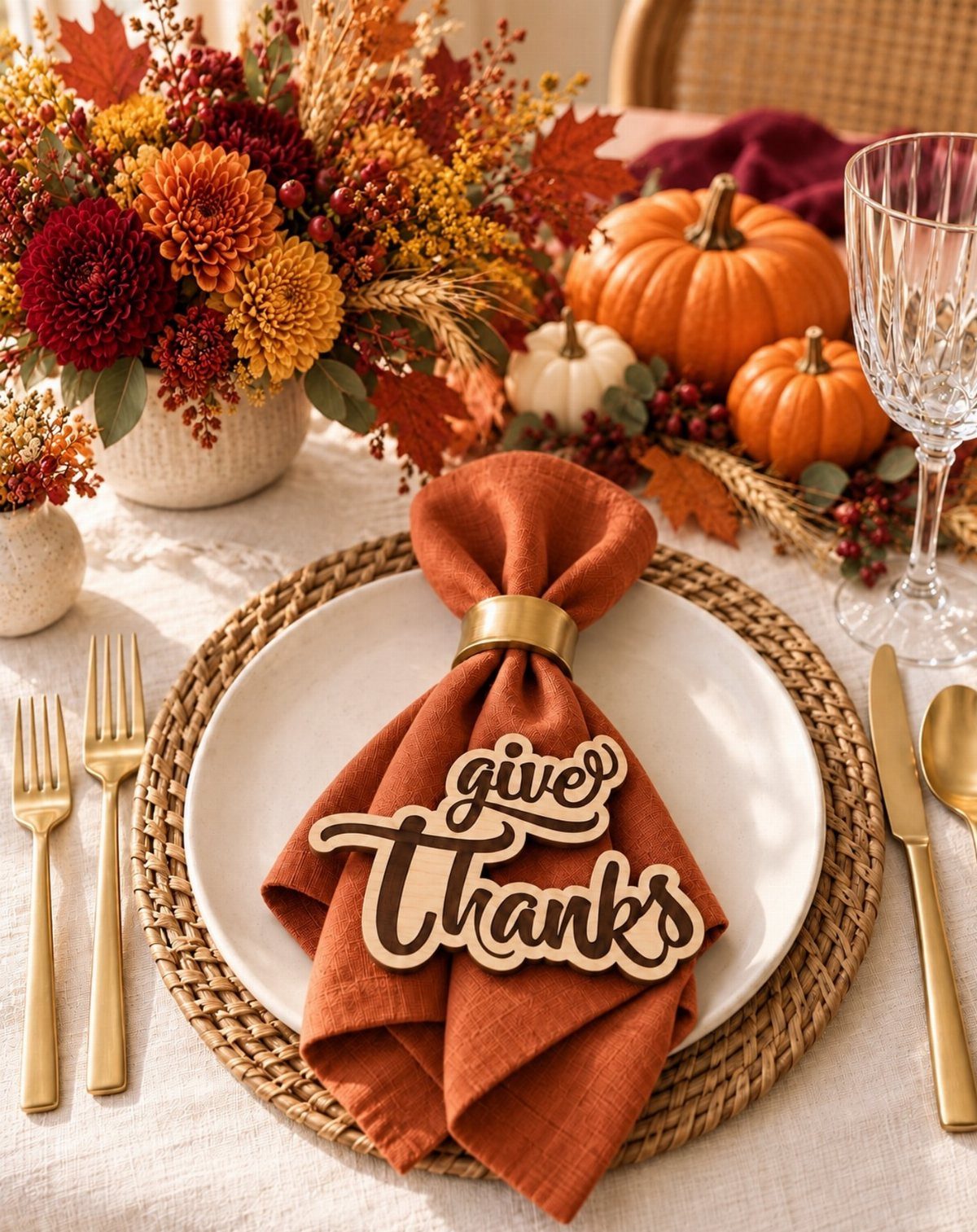 Woven rattan charger with white plate, orange napkin, and autumn floral centerpiece.