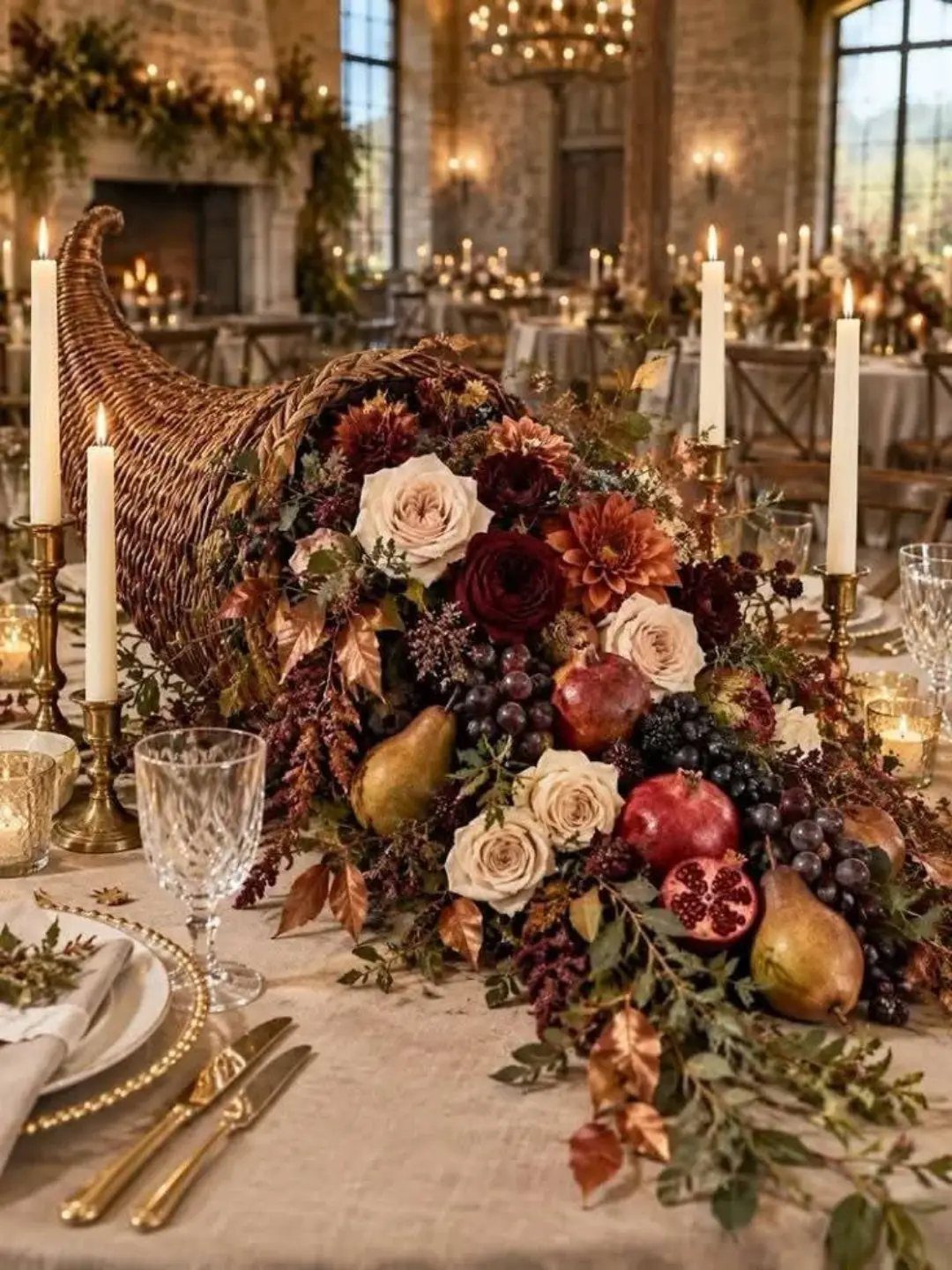 Cornucopia overflowing with autumn fruits and roses on a decorated dinner table