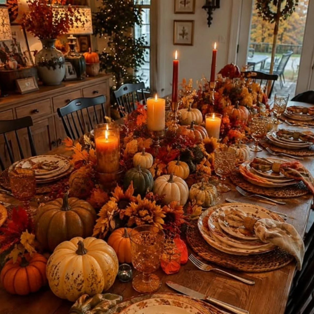 Thanksgiving table setting with pumpkins, autumn leaves, and lit candles as a centerpiece.