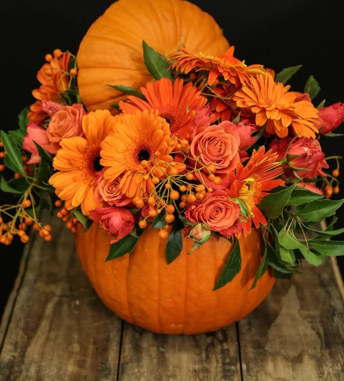 Orange pumpkin vase filled with orange daisies, roses, and berries on wooden table