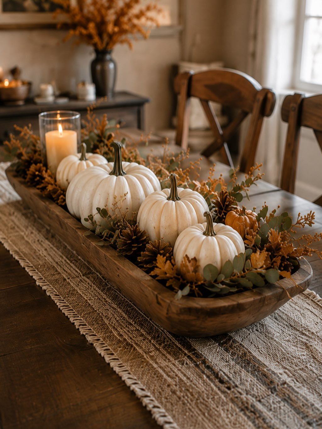 White pumpkins and autumn foliage in a wooden dough bowl centerpiece on a table.
