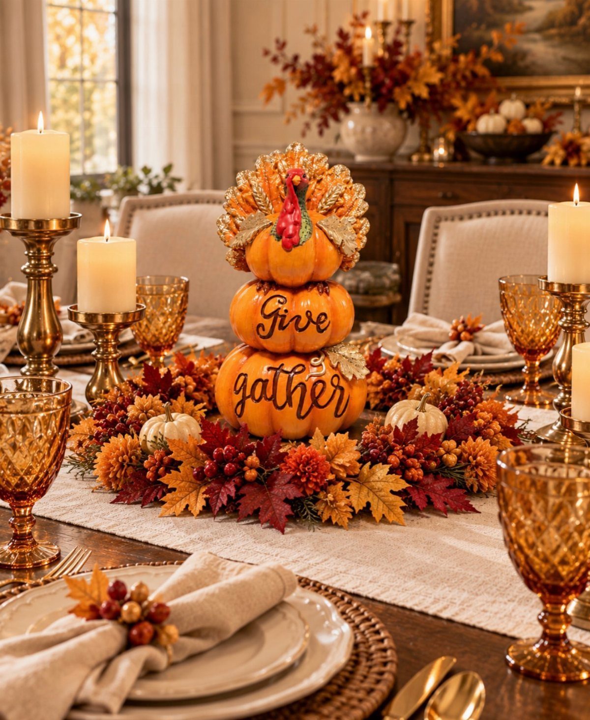 Stacked pumpkins with autumn foliage centerpiece on a decorated Thanksgiving dinner table
