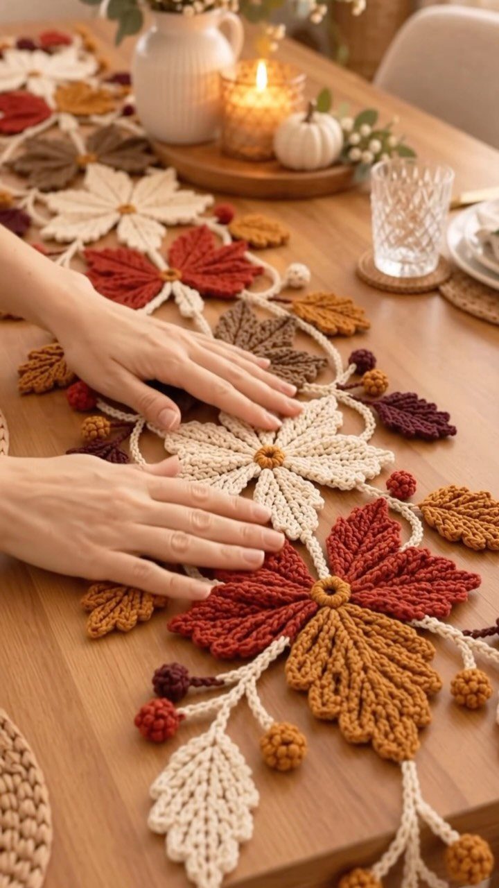 Crocheted autumn leaf table runner in red and gold on a wooden table.