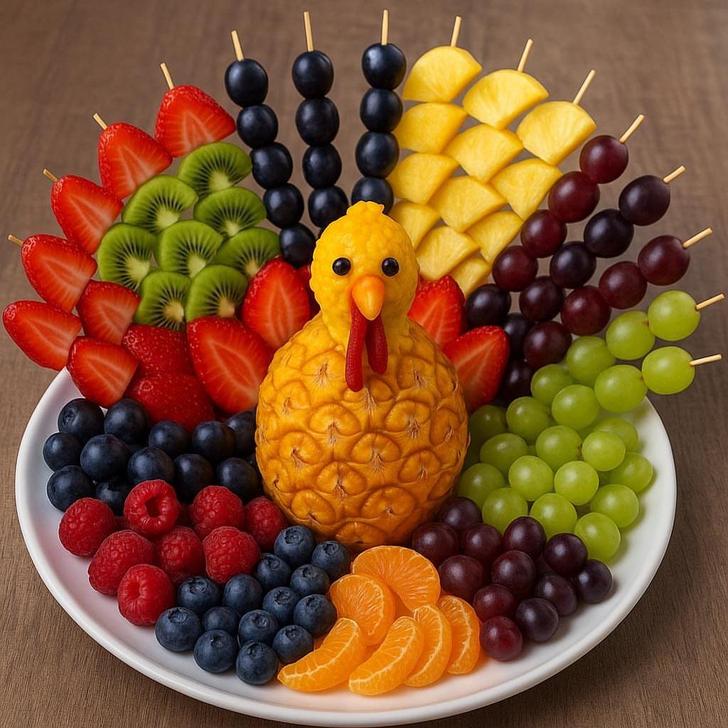 Fruit platter arranged as a turkey with pineapple, grapes, and berries on a plate