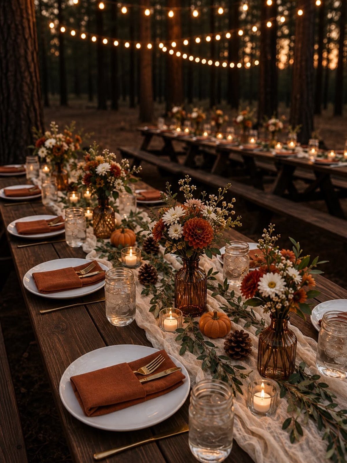 Wooden outdoor dinner table with cream linens, autumn flowers, and small pumpkins.