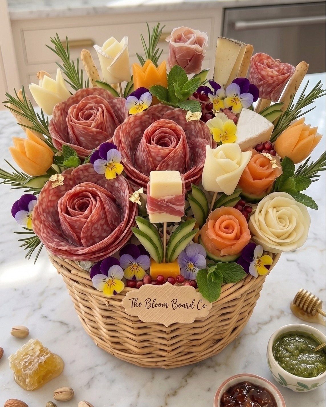 Charcuterie gift basket with salami and cheese roses, crackers, and edible flowers.