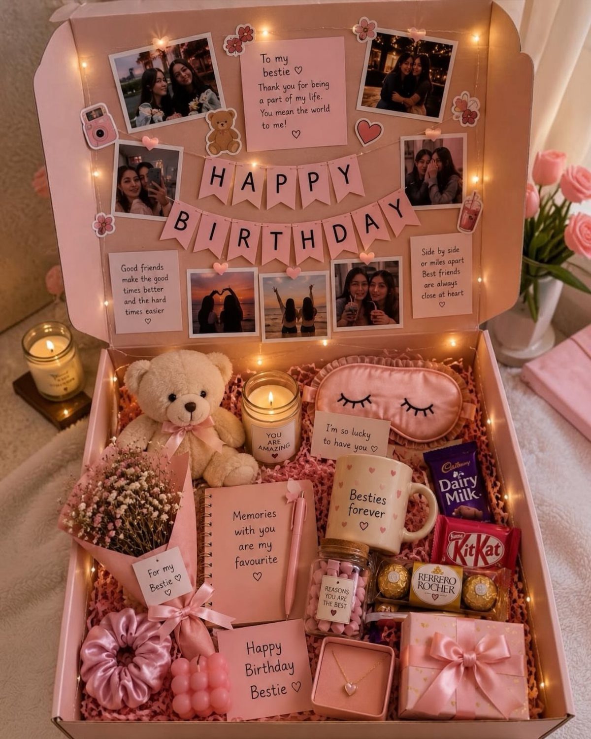 Pink birthday gift box containing a teddy bear, chocolates, and personalized keepsakes.