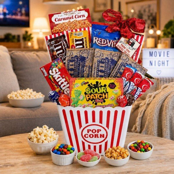 Popcorn bucket filled with assorted candies and snacks for a movie night theme.