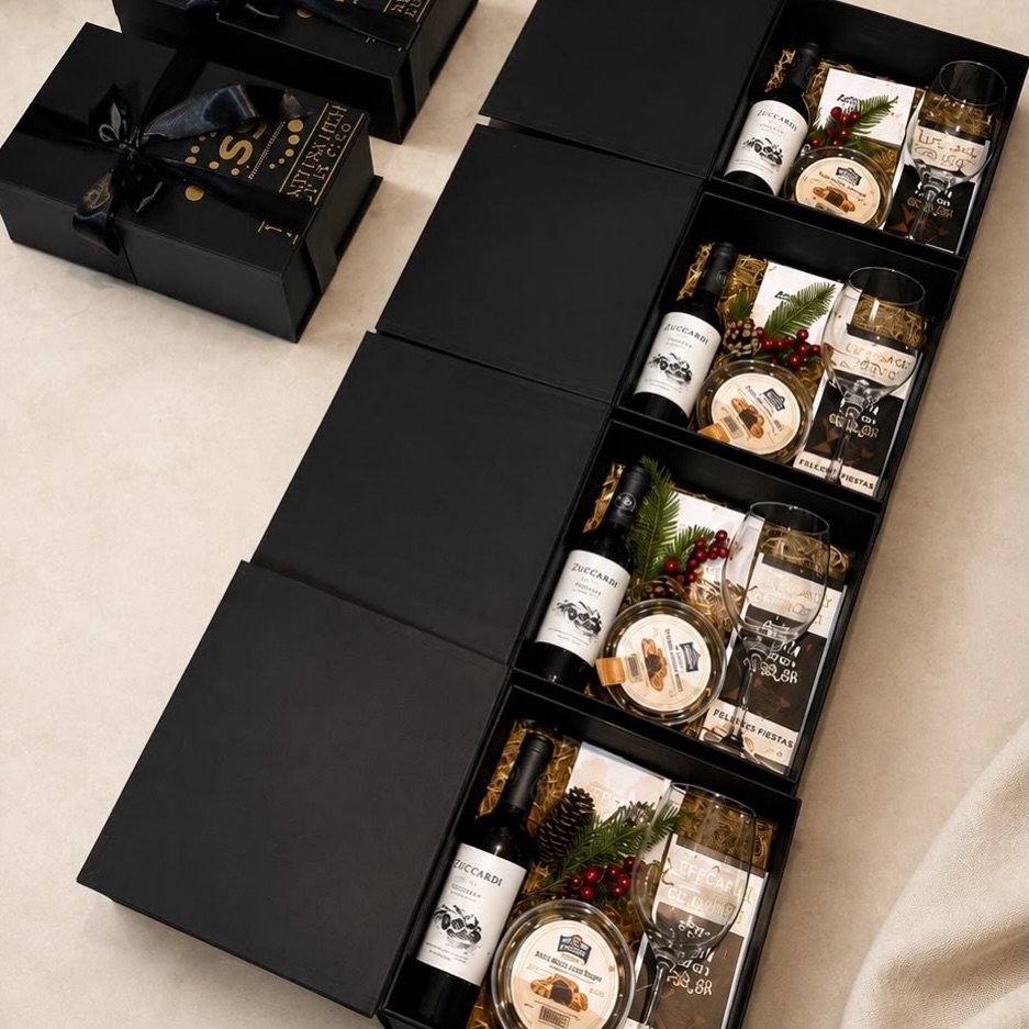 Four black gift boxes containing red wine bottles, glasses, and gourmet treats.