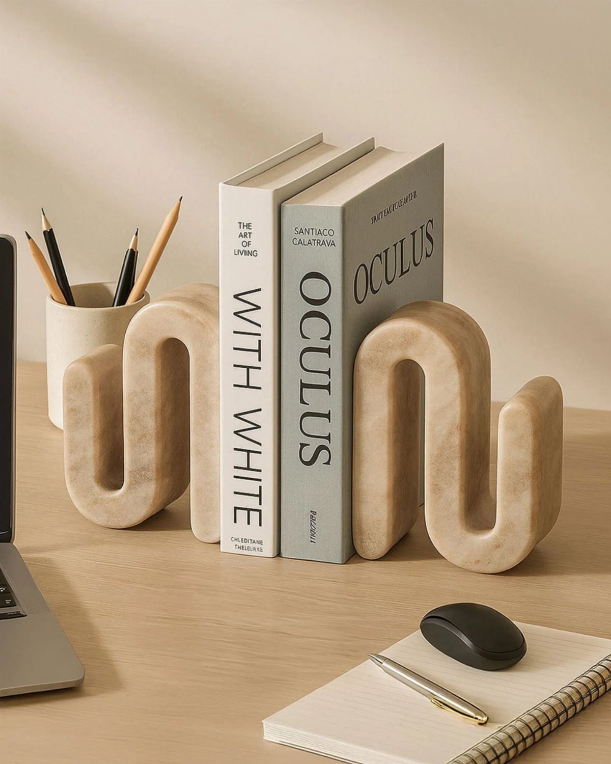 Wavy beige stone bookends holding two books on a light wooden desk.