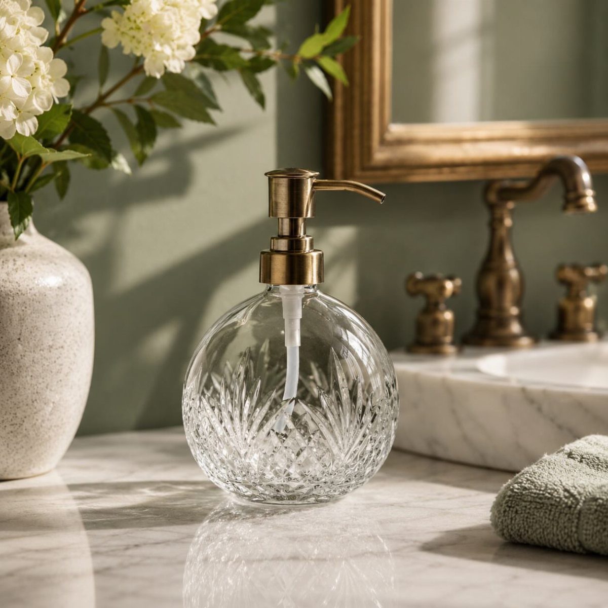 Cut-glass soap dispenser with gold pump on a marble bathroom counter near flowers.