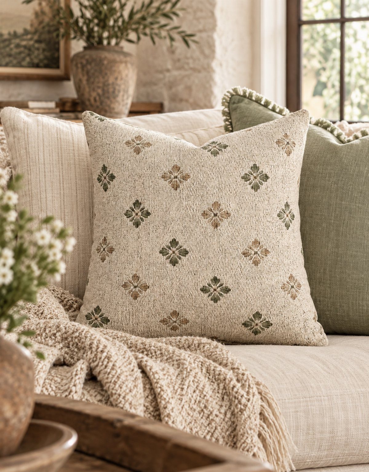 Patterned beige throw pillow on a neutral sofa with a textured cream blanket.