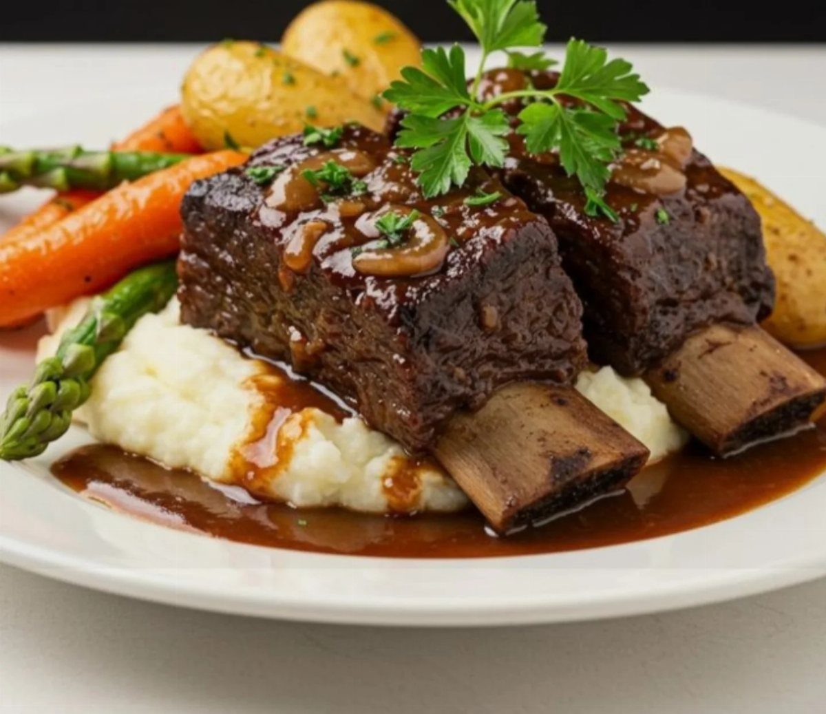 Braised beef short ribs with gravy on mashed potatoes with roasted vegetables