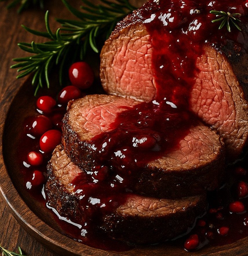 Slices of beef tenderloin with red berry sauce and rosemary on wooden platter