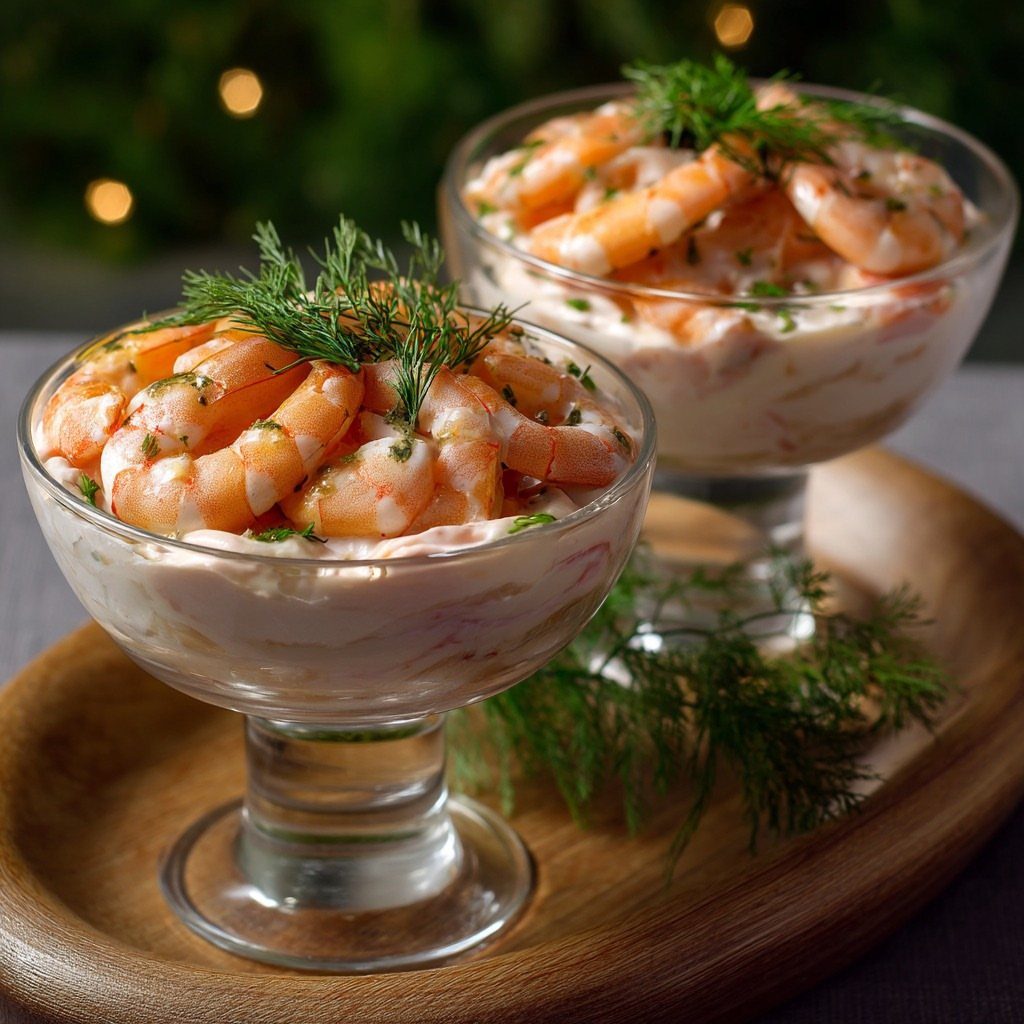 Shrimp cocktail in glass coupes with creamy sauce and fresh dill on wood.