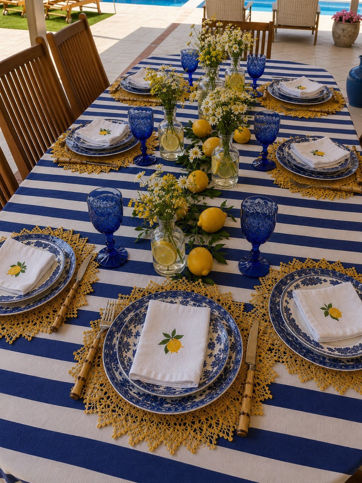 Blue and white striped tablecloth set with lemon-themed plates and yellow crochet placemats.