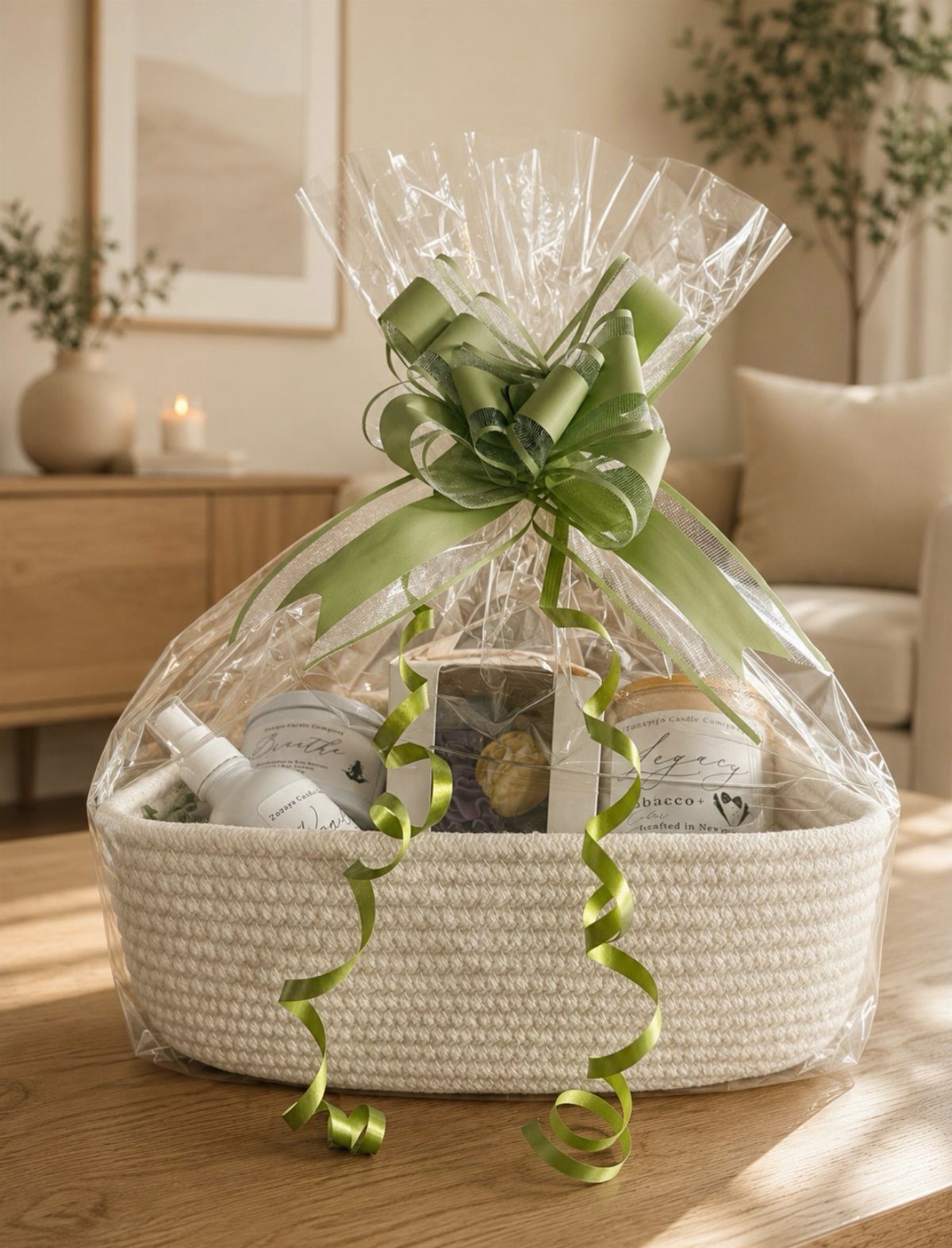 White woven gift basket wrapped in cellophane with a green bow and spa products.
