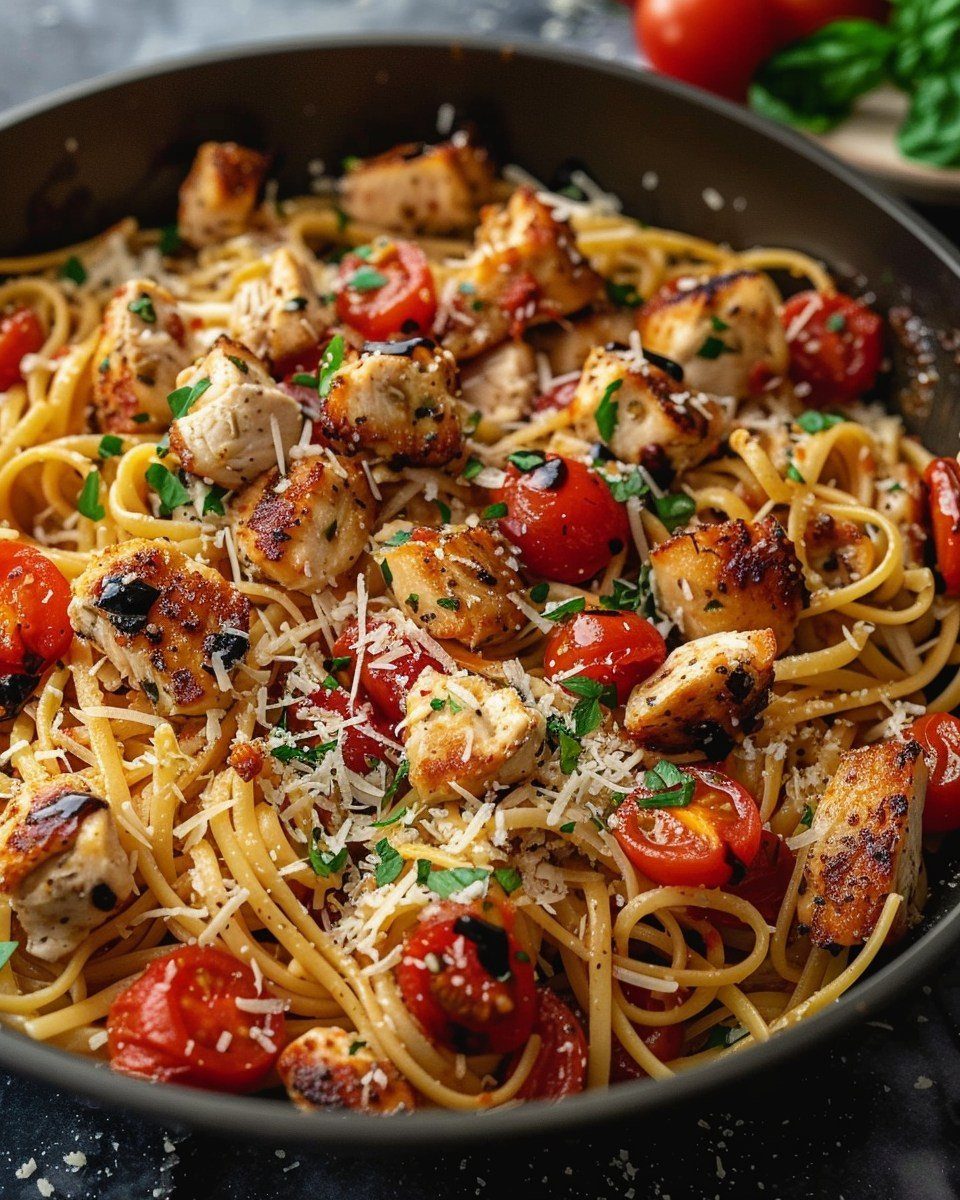 Bruschetta chicken pasta with cherry tomatoes and parmesan in a black pan