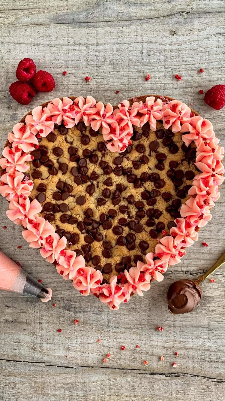 Heart-shaped chocolate chip cookie cake with pink frosting border on wooden background