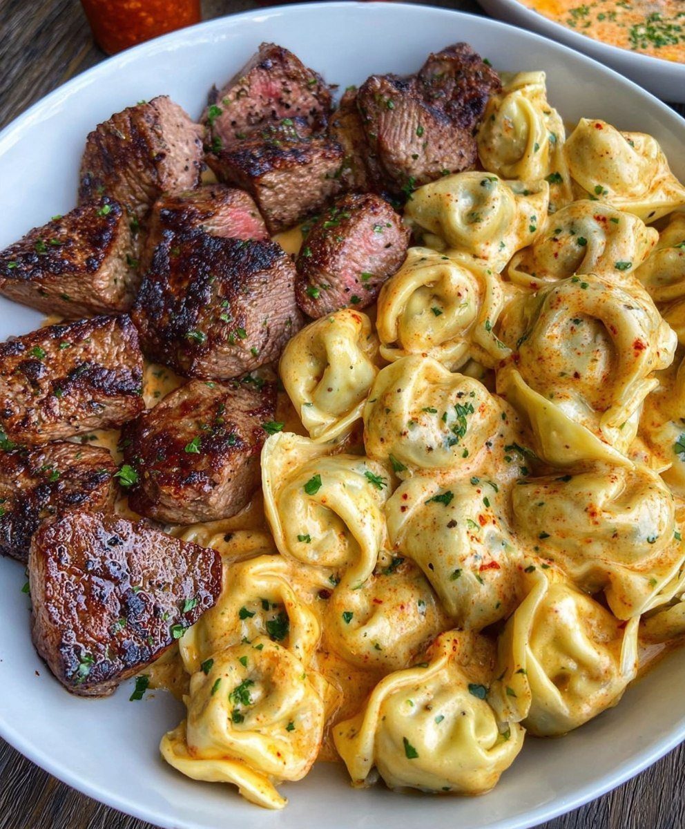 Seared steak cubes and creamy tortellini pasta served in a white bowl.