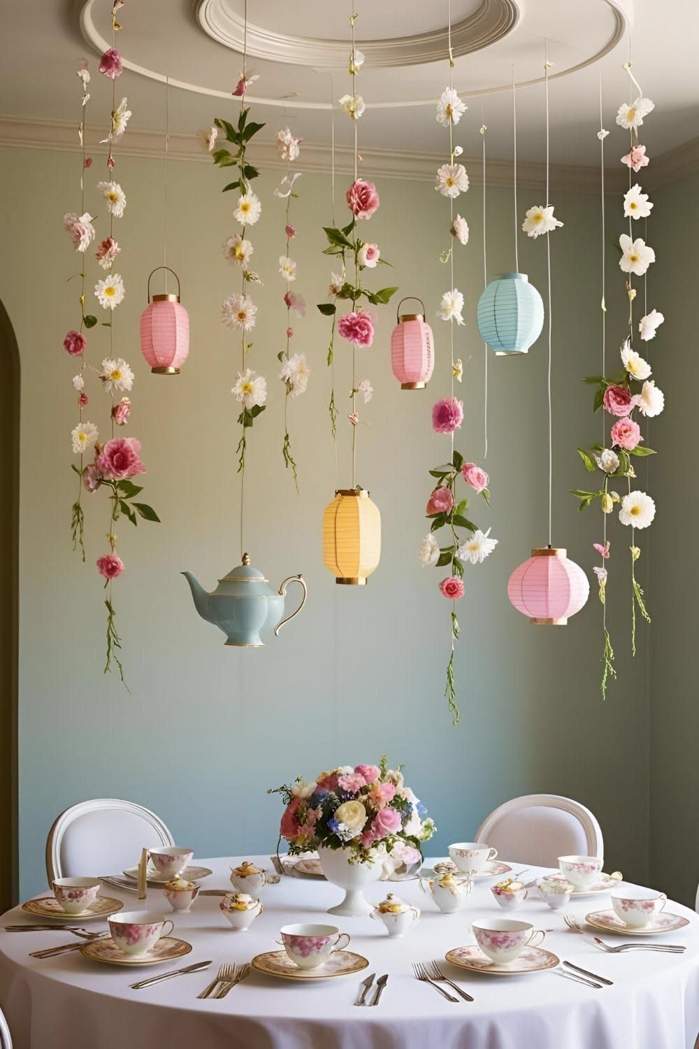 Floral garlands and colorful paper lanterns hanging above a vintage tea party table.