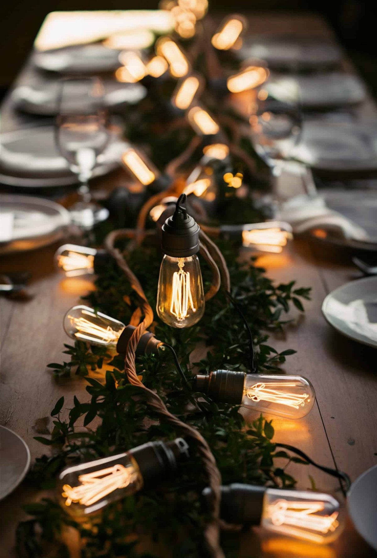 Glowing Edison string lights draped over a green garland on a wooden table.