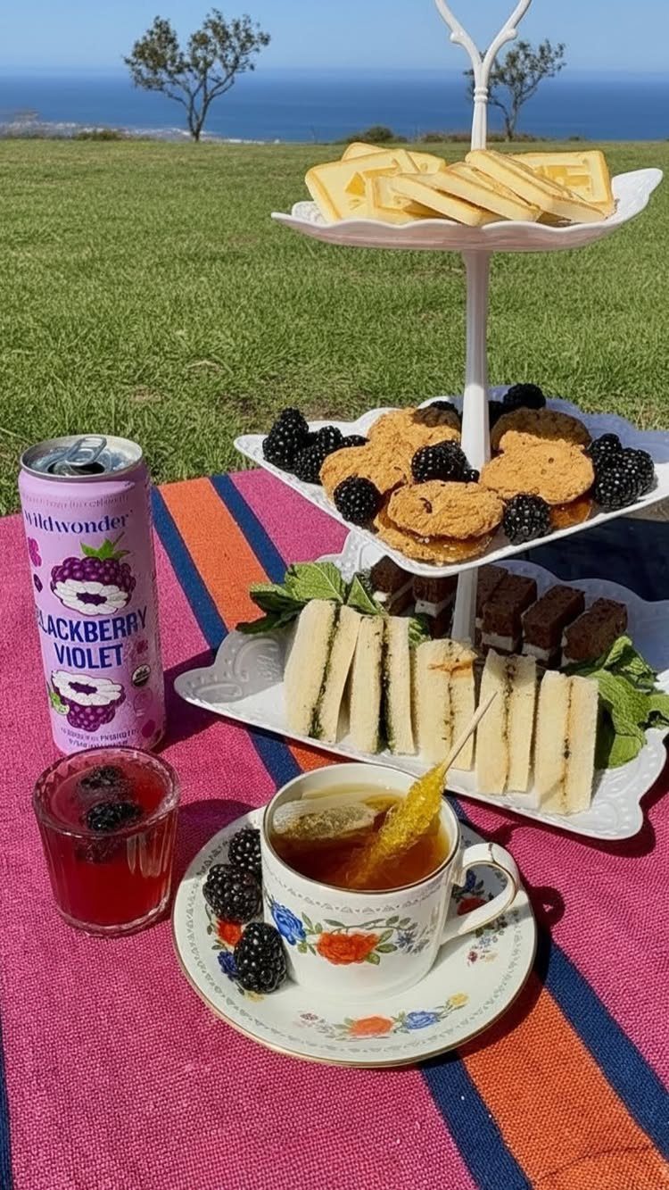 Tea sandwiches and sweets on a tiered stand with tea on a colorful blanket.